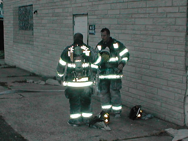 Lt. John Vernon and FF Jim Bresch upon exiting the building during FAST team exercises.